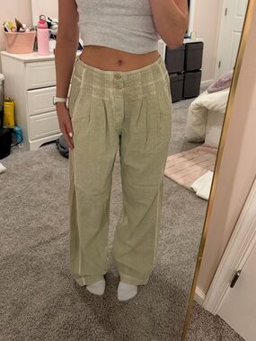 Free People Light Sage Wide Leg High-Rise Linen Pants